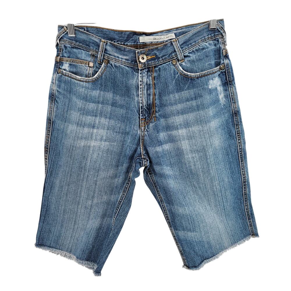 DKNY Jeans Medium-wash Blue Denim Bermuda Shorts Jorts Raw Frayed Womens Size 32